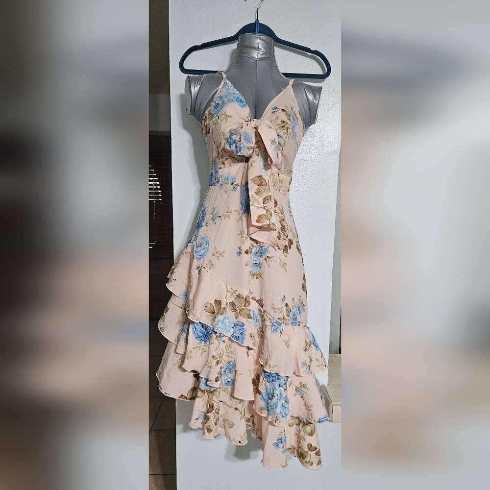 SHEIN Asymmetrical Floral Dress - Blue and Cream